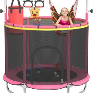Kids’ Trampoline, 60″ Indoor & Outdoor Toddler Trampoline with Adjustable Gymnastics Bar & Basketball Hoop, Ideal Toy Gift for Boys & Girls