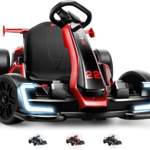 Hikole Go Kart 24V Electric Drift Cart for Kids 6-12-14, Adjustable Seat, 300W Motor, Max 8.5 MPH Speed, Safety Belt, EVA Tires, LED Lights, Bluetooth, Outdoor Ride On Toy Gift, Red