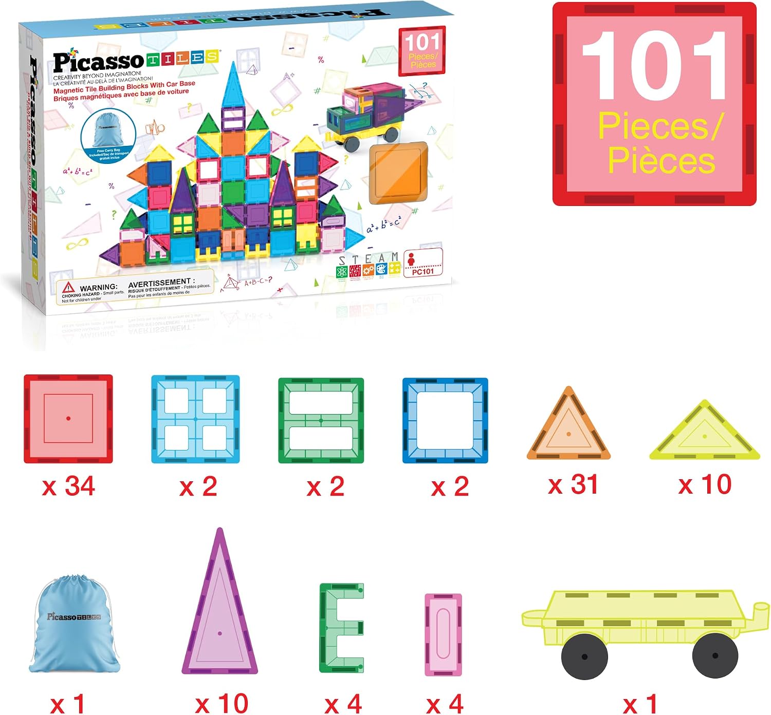 PicassoTiles 101 PCs Magnetic Tiles Building Blocks with Car & Drawstring Carry Bag Toy Storage Magnet Block for Toddlers Kids STEM Toy Set Educational Tile Learning Brain Development Ages 3+ PC101 - Image 3