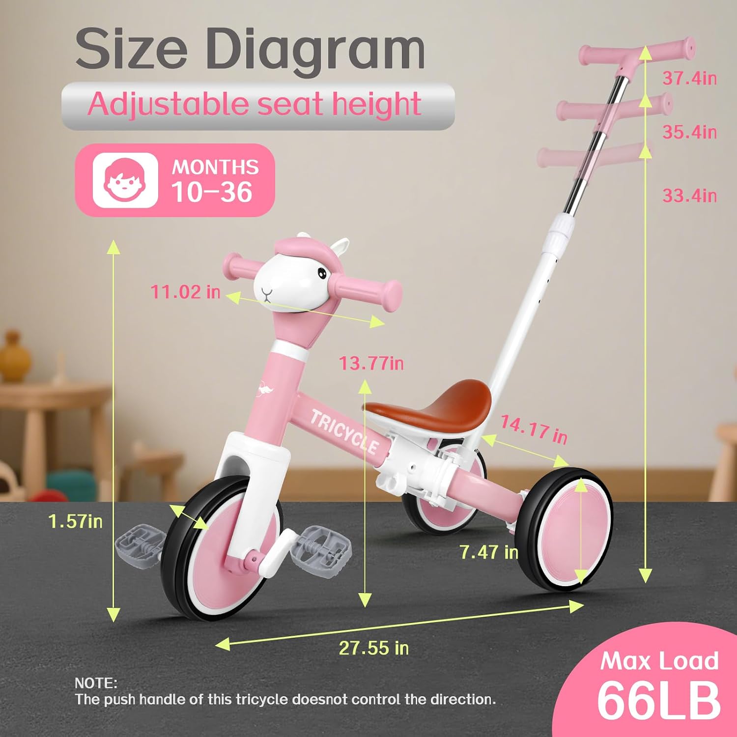 5-in-1 Toddler Tricycle with Lights & Music, Adjustable Push Kids Bike for 1-5 Year Olds, Toddler Balance Bike & Tricycle for Boys & Girls, Birthday Gift for 1 2 3 4 5 Year Old Kids (Pink) - Image 7