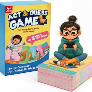 Charades Game for Kids Ages 4+ – 100 Cards Animals Actions Professions with Illustrations No Reading Required,Creative Educational Learning Pictionary Game for Family, Party, Classroom & Travel