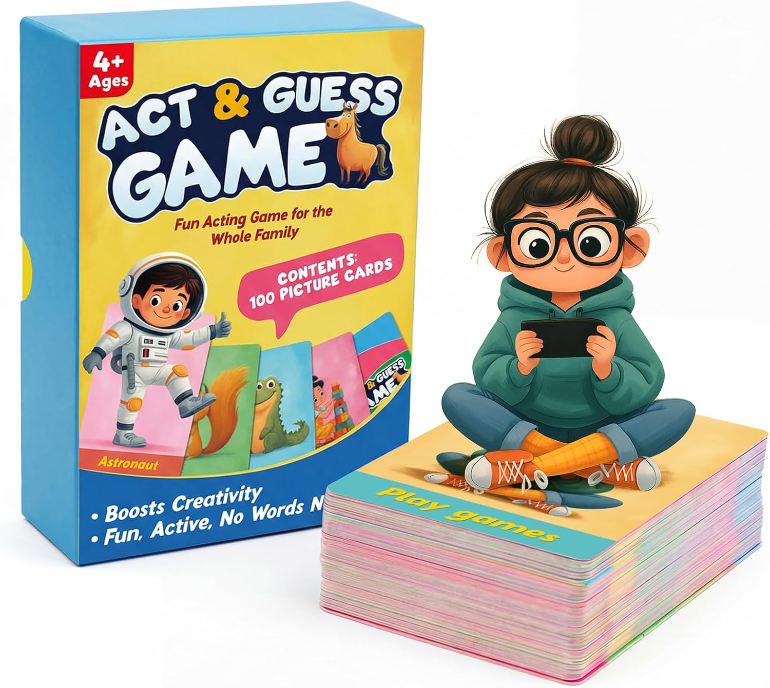 Charades Game for Kids Ages 4+ – 100 Cards Animals Actions Professions with Illustrations No Reading Required,Creative Educational Learning Pictionary Game for Family, Party, Classroom & Travel
