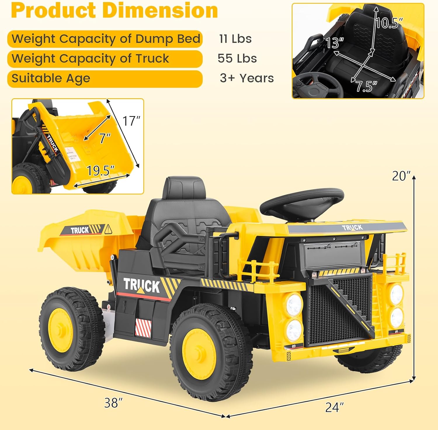OLAKIDS Ride on Dump Truck, 12V Kids Electric Car Ride on Construction Vehicles with Remote Control, Electric Dump Bed, Shovel, Soft Start, Music, Bluetooth, Ride on Toys for Girls Boys - Image 6