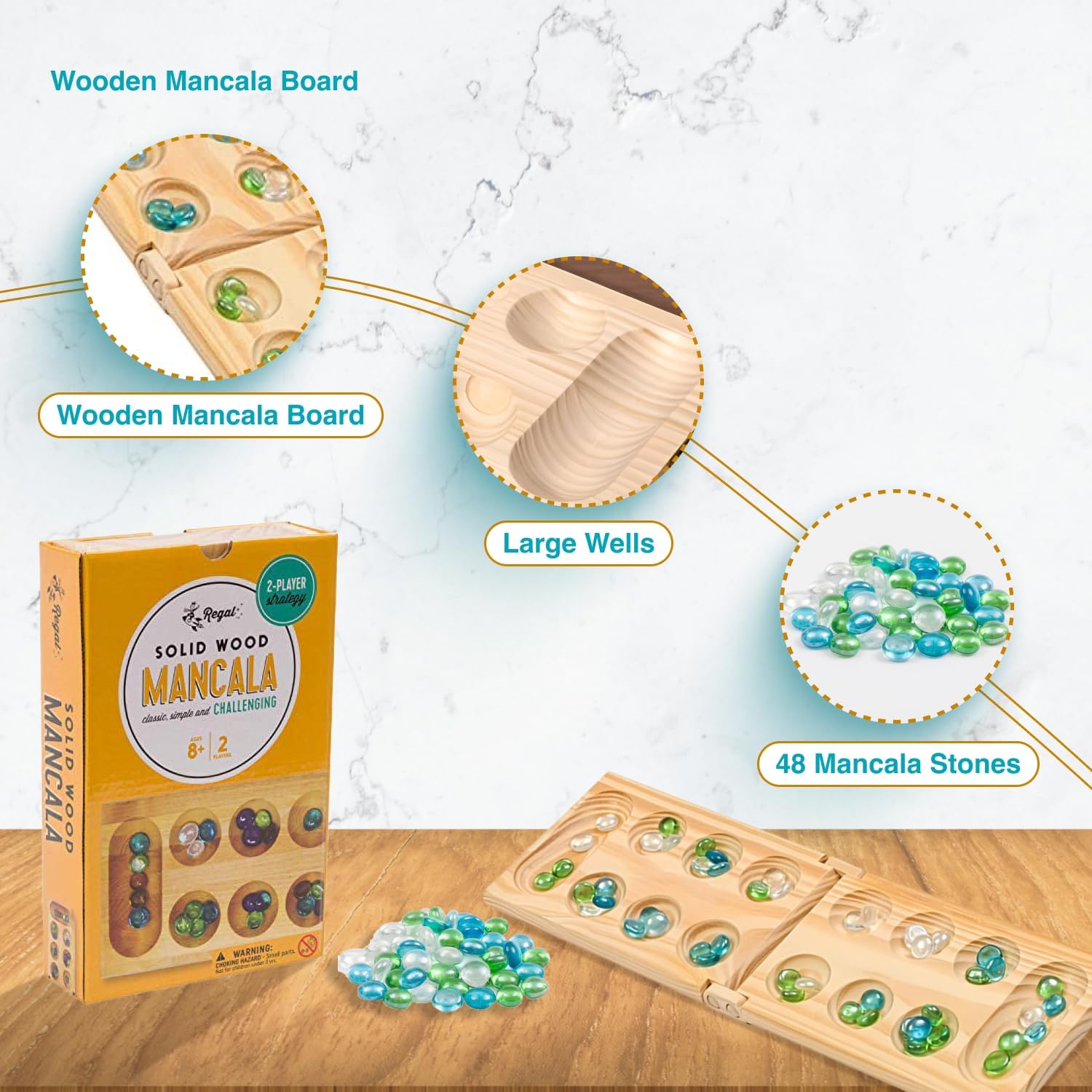 Regal Games Mancala Board Game - Fun Classic Table Game with Wooden Board for Adults & Kids - 48 Glass Mancala Beads & 2 Player Games - Ideal for Family Game Night, Travel (Ages 8+) - Image 3