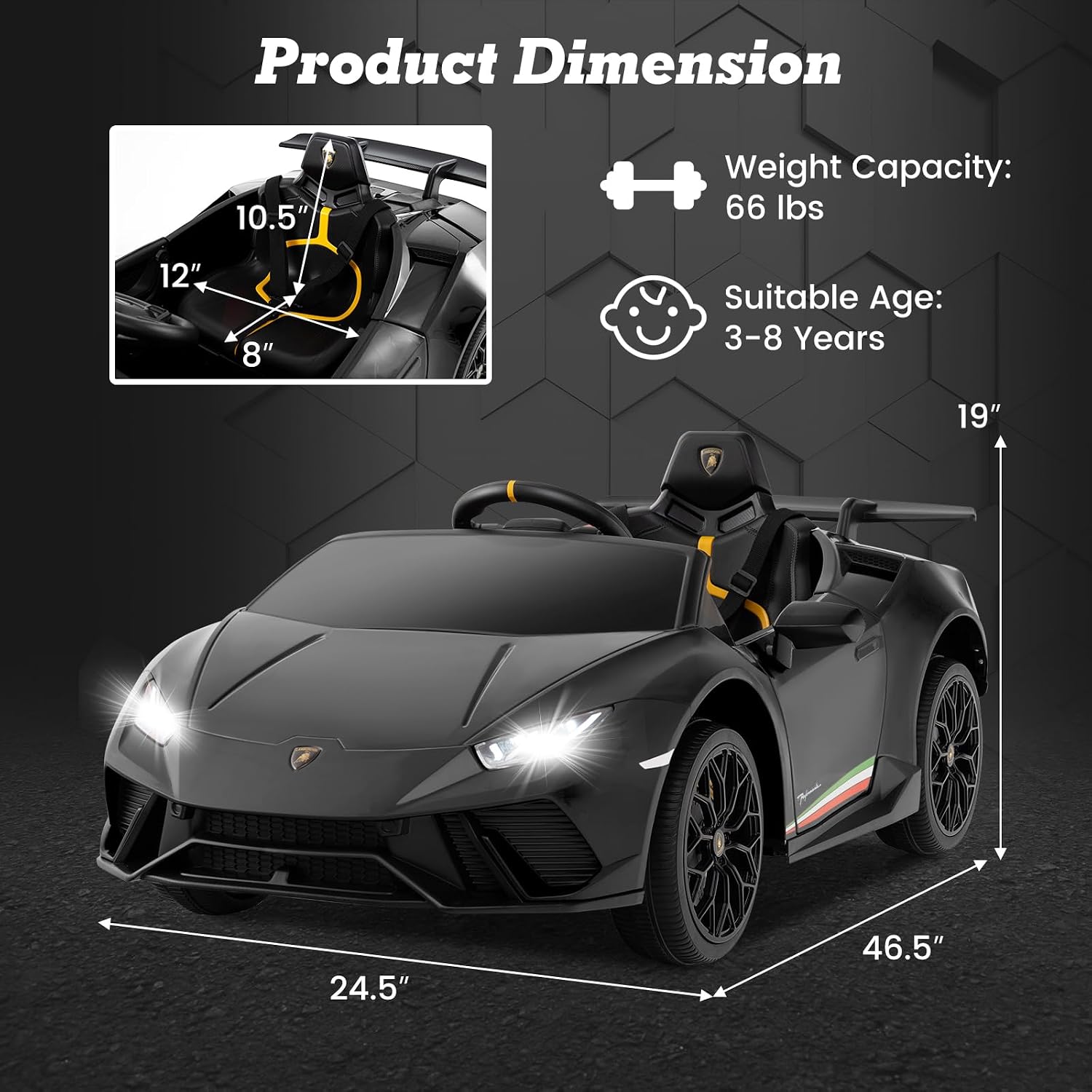 Licensed Lamborghini Huracan Ride on Car by INFANS, 12V Kids Electric Vehicle Battery Powered Toy with Remote Control, LED Lights, Spring Suspension, Bluetooth, MP3, Aged 3-8 Years (Black) - Image 6