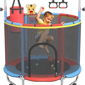60″ Trampoline for Kids, 500lbs Capacity Indoor Outdoor Toddler Trampoline with Adjustable Gymnastics Bar, Gifts for Boy Girl Age 1-8