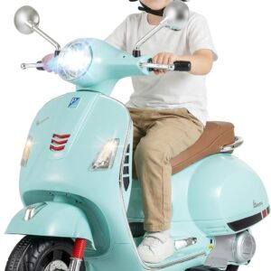 Licensed Vespa 12V Kids Motorcycle by INFANS with Training Wheels, Music, Story, Horn, Lights for 3-6 Years (Green)