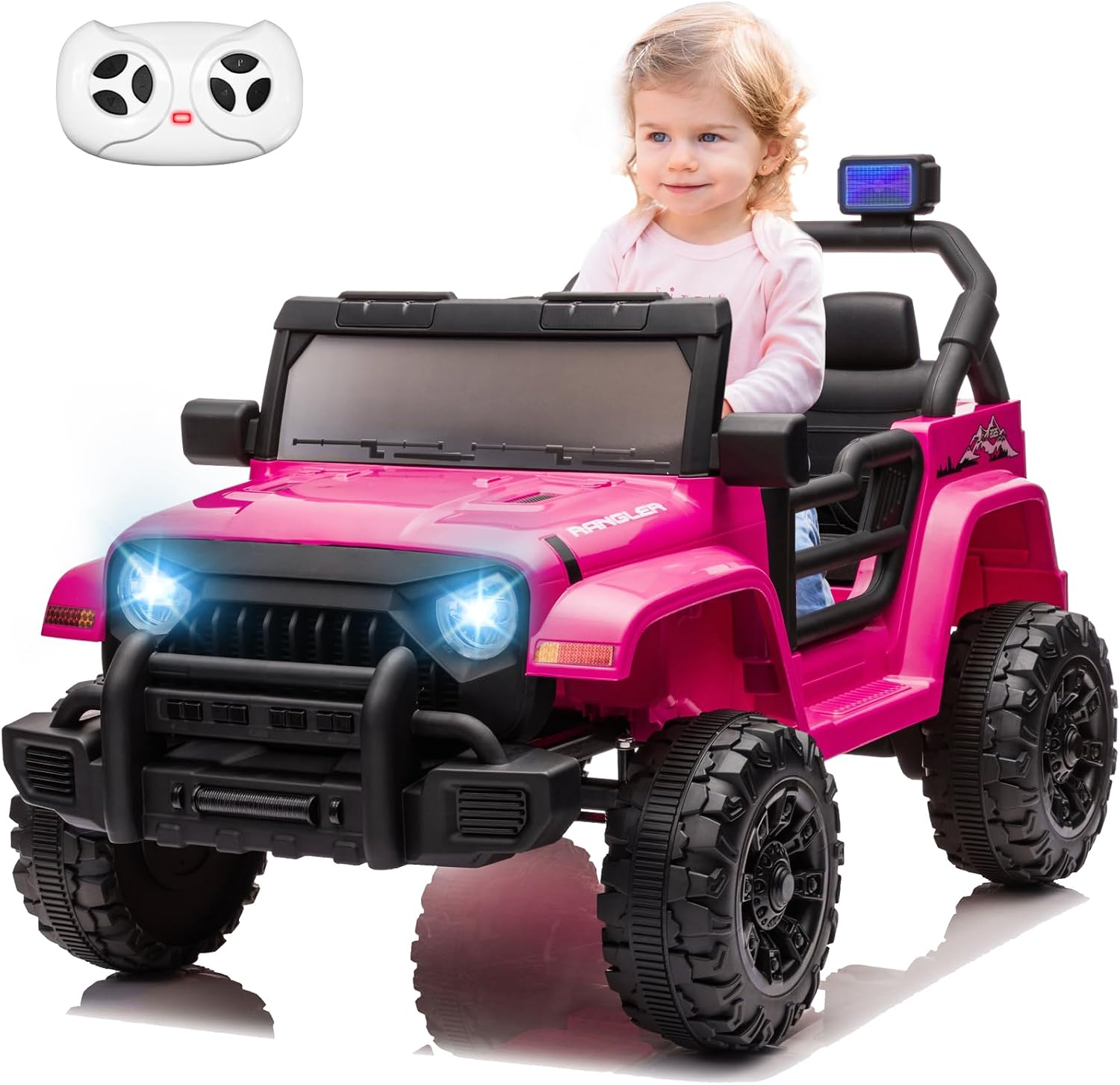 Kids Ride On Jeep Car for Kids, 12V Electric Car for Toddlers with Remote Control Boys Girls Toddler Car Ride on Toys, USB Music Player, Safety Belt, Horn, LED Lights(Pink Jeep)