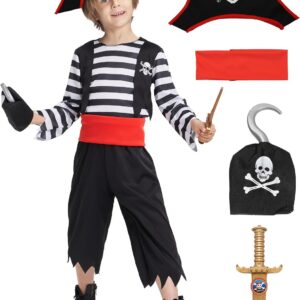 IKALI Pirate Costume for Kids Boys,Toddler Pirate Role Play Dress Up with Bandana, Cutlass, Hat 3-10 Years