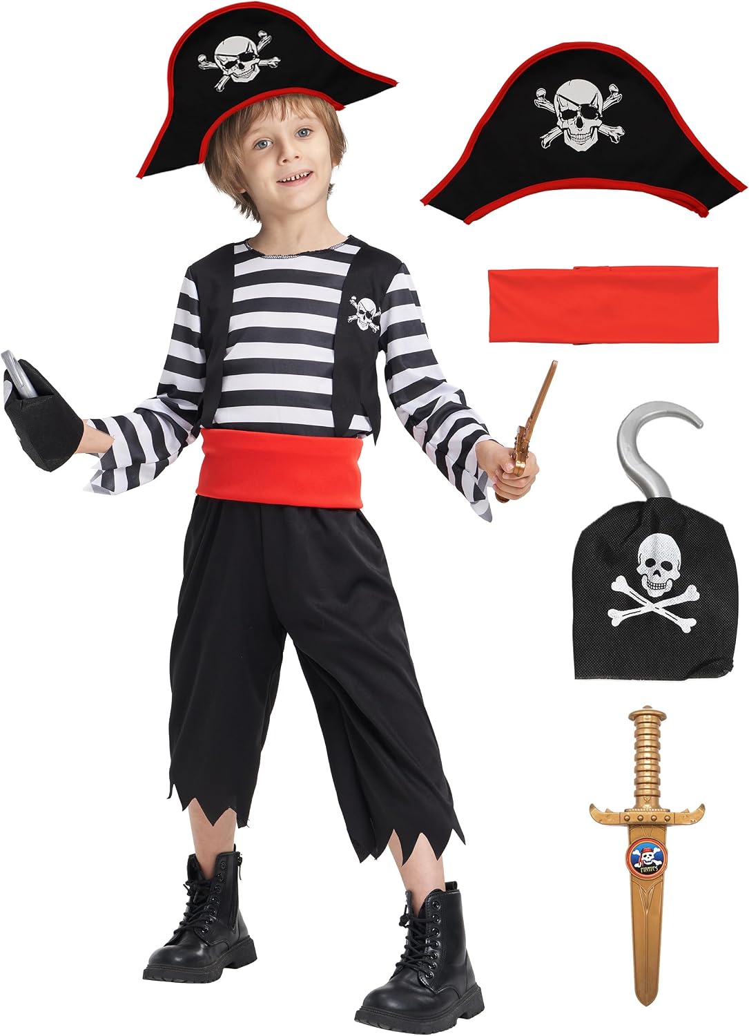 IKALI Pirate Costume for Kids Boys,Toddler Pirate Role Play Dress Up with Bandana, Cutlass, Hat 3-10 Years