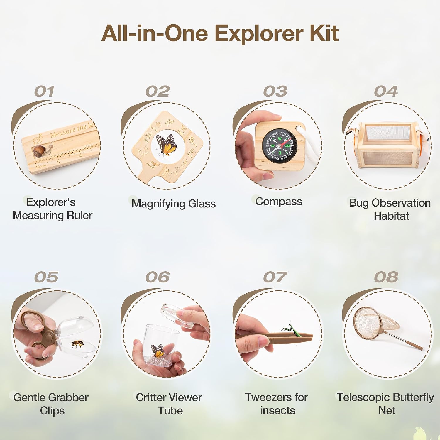 Wooden Bug Catcher Kit for Kids, 16-in-1 Outside Toys for Toddlers STEM Outdoor Explorer Set with 3-Way Observation Habitat, Butterfly Net, Magnifying Glass, Educational Gift for Boys Girls Ages 3-8 - Image 4