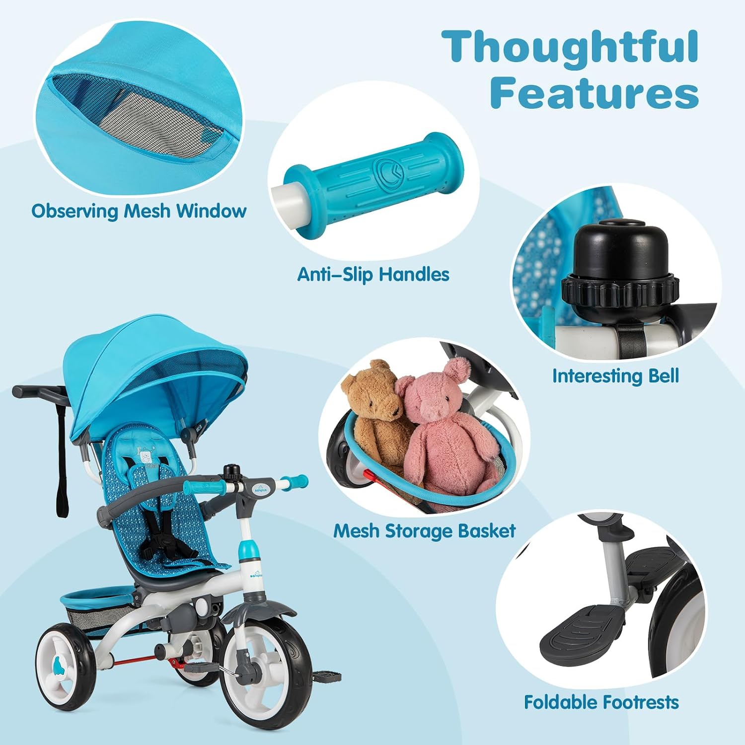 Costzon Tricycle for Toddlers, 6 in 1 Trike w/Parent Handle, Adjustable Canopy, Storage, Safety Harness & Wheel Brakes, Baby Push Tricycle Stroller for Kids Boys Girls Aged 9 Month-5 Years Old, Blue - Image 4