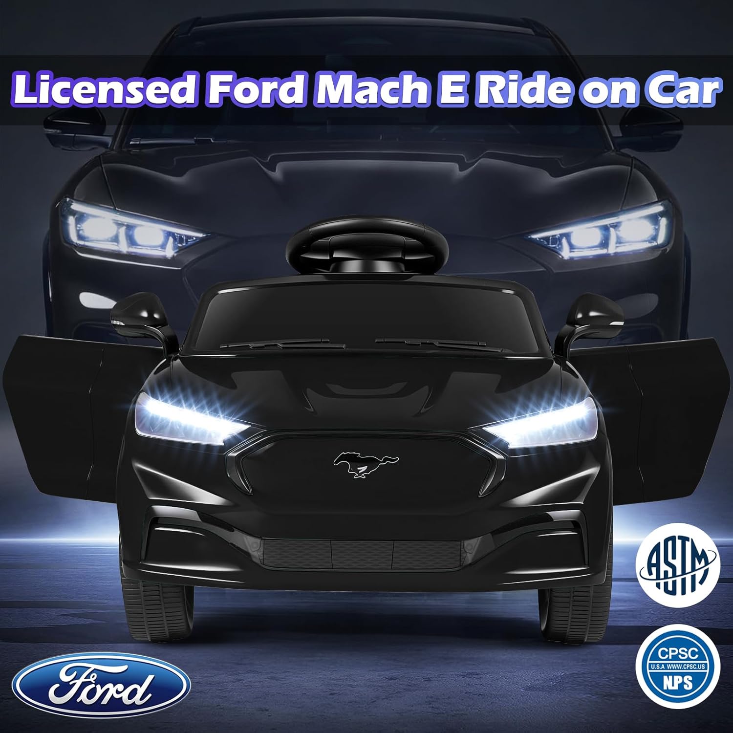 Costzon Ride on Car, 12V Licensed Ford Mach E Kids Electric Vehicle with Parent Remote, LED Lights, Horn, Music, Wireless Connection & Spring Suspension, Kids Car Toy for Girls Boys (Deep Black) - Image 2