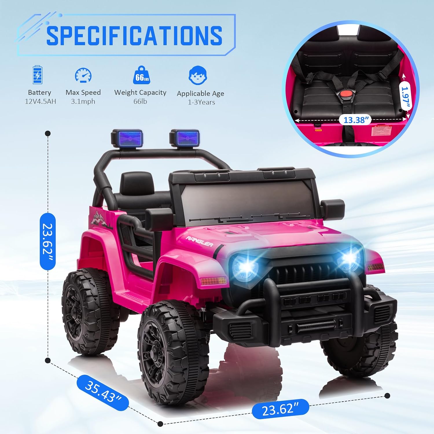 Kids Ride On Jeep Car for Kids, 12V Electric Car for Toddlers with Remote Control Boys Girls Toddler Car Ride on Toys, USB Music Player, Safety Belt, Horn, LED Lights(Pink Jeep) - Image 2