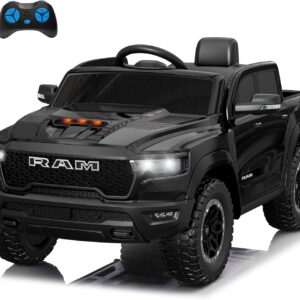 Licensed RAM 1500 12V Kids Ride on Truck, Electric Car with Remote Control, RAM Truck for Kids with Real Key Start & Gear Shifter, Bluetooth Music, Back Storage (Black)
