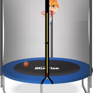 BLUERISE 55IN 6FT Toddler Trampoline for Kids Indoor Outdoor Play for Kids Trampoline Basketball Hoop Attachment with Enclosure Net Easy to Assemble