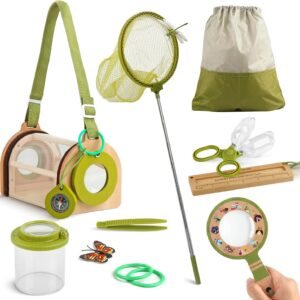 Wooden Bug Catcher Kit for Kids -11Pcs Bug Catching Kit Outdoor Explorer Kit with Carry Bag, Butterfly Net and Other Adventure Sets for Garden Backyard Camping, Gift for Toddlers Girls Boys 3-12