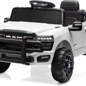 Kidzone Licensed Ram 3500 12V Ride on Truck, Powered Ride-on Car with 2.4G Remote Control & Manual Modes, Electric Toy Vehicle for Kids with Bluetooth, LED Lights, Spring Suspension, White