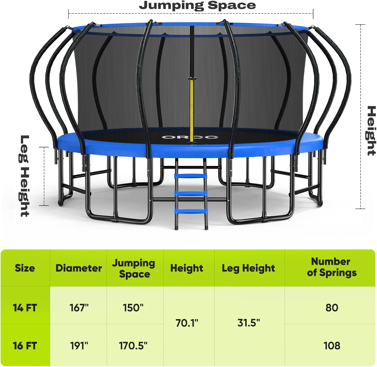 ORCC Kids Trampoline, 1200LBS Weight Capacity Outdoor Trampoline 16 15 14 12 10 8FT Yard Trampolines for Kids Adults - Image 6