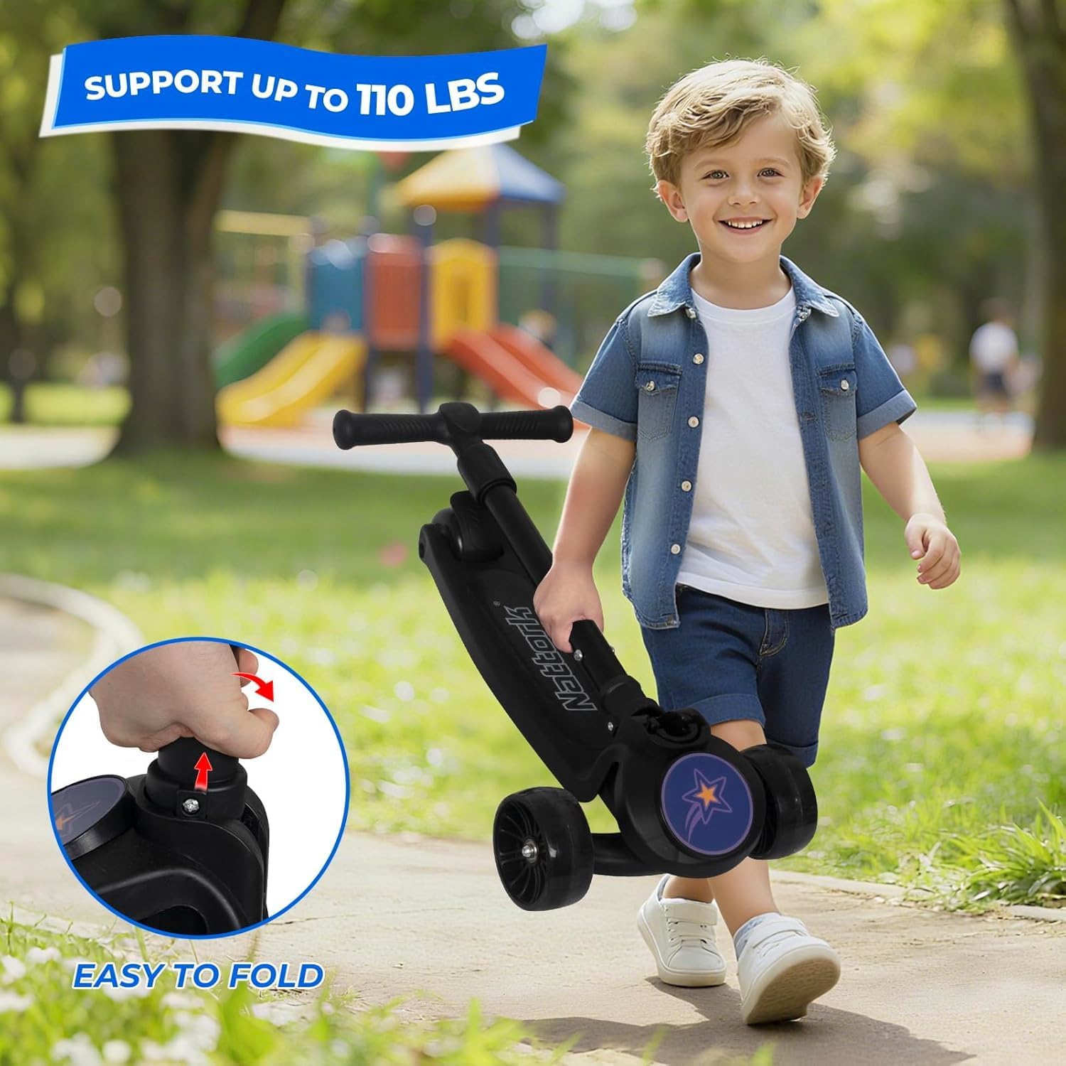 Nattork Kids Scooter for Girls Boys with Light Up Wheels, 3 Adjustable Height Handlebars, Lean-to-Steer Technology, Widen Anti-Slip Deck, 3 Wheel Scooter for kid ages 3-8, Support Riders Up to 110 LBS - Image 6