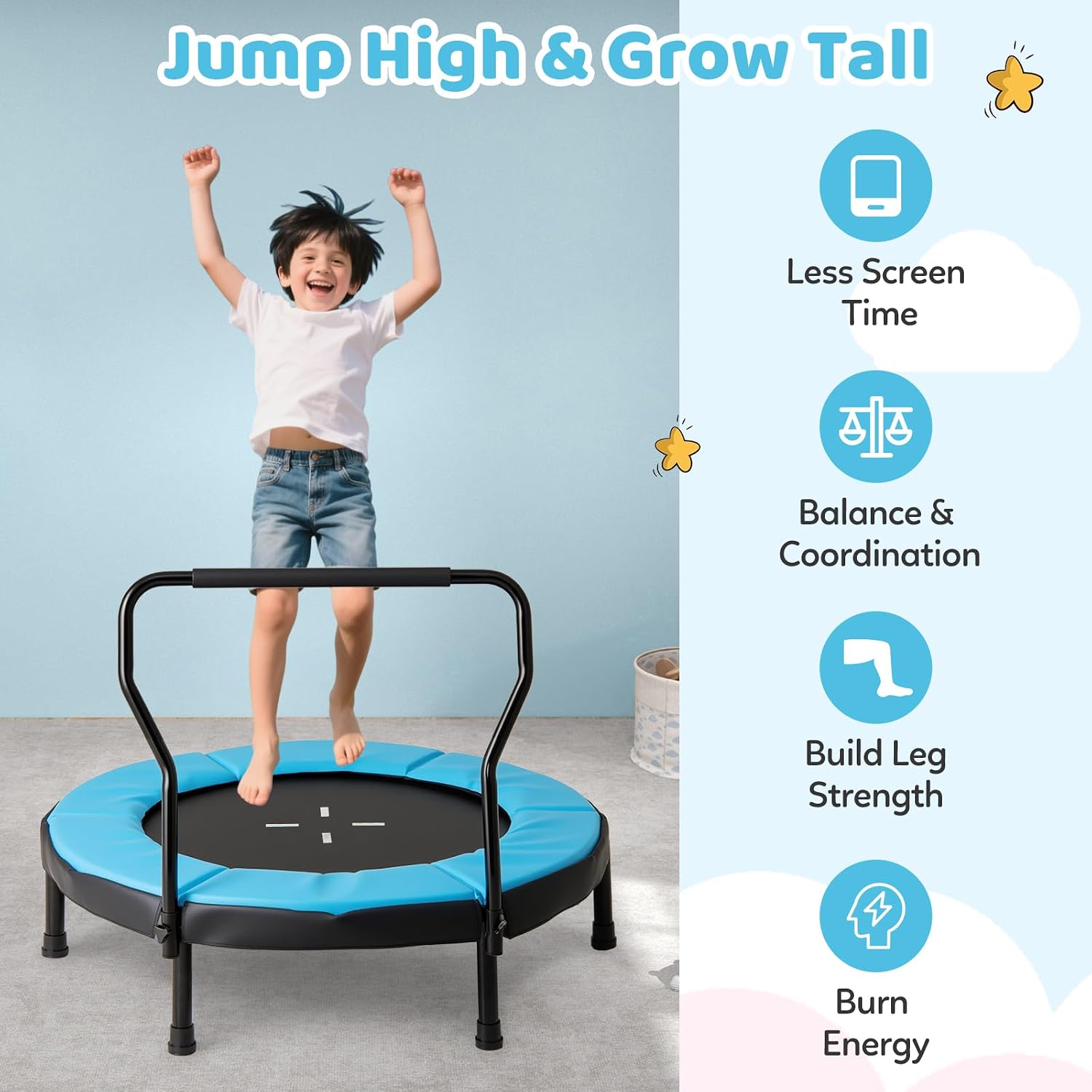 Goplus 40" Mini Trampoline for Kids, Indoor/Outdoor Fitness Trampoline with Foam Handlebar & Safety Pad, Home Workout Equipment for 3-6 Years Old Toddlers, Gift for Boys & Girls - Image 4