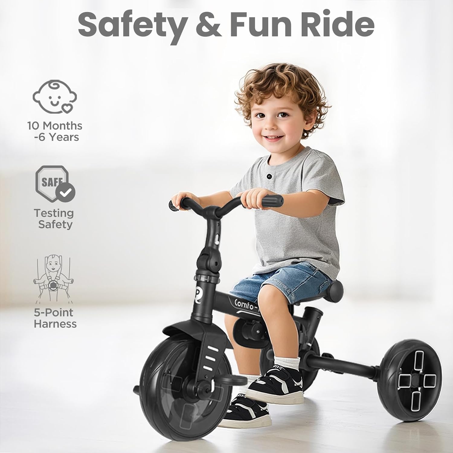 QPlay Toddler Bike Stroller for Baby 10 Months to 6 Years Old, 8-in-1 Foldable Stroller Bike for Toddlers 3-5 Boys & Girls Gifts Trike — Adjustable Handle, Triple Footrest, Canopy & Storage Bag - Image 4