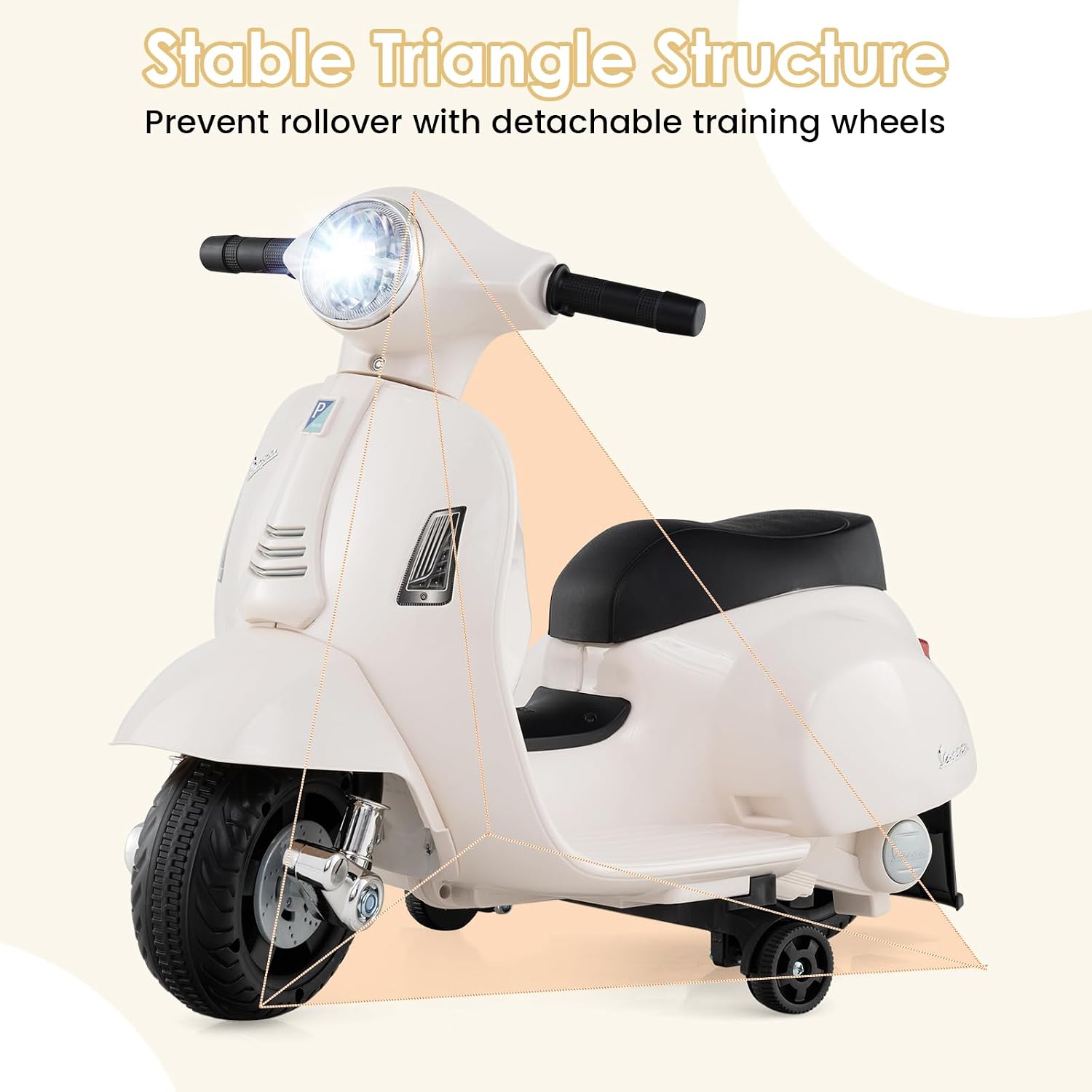 Licensed Vespa Scooter Kids Motorcycle by OLAKIDS, 6V Ride on Electric Motorcycle with Training Wheels, Headlight, Battery Powered 3 Wheels Toy Gift with LED Headlight Horn for Boys Girls (White) - Image 5