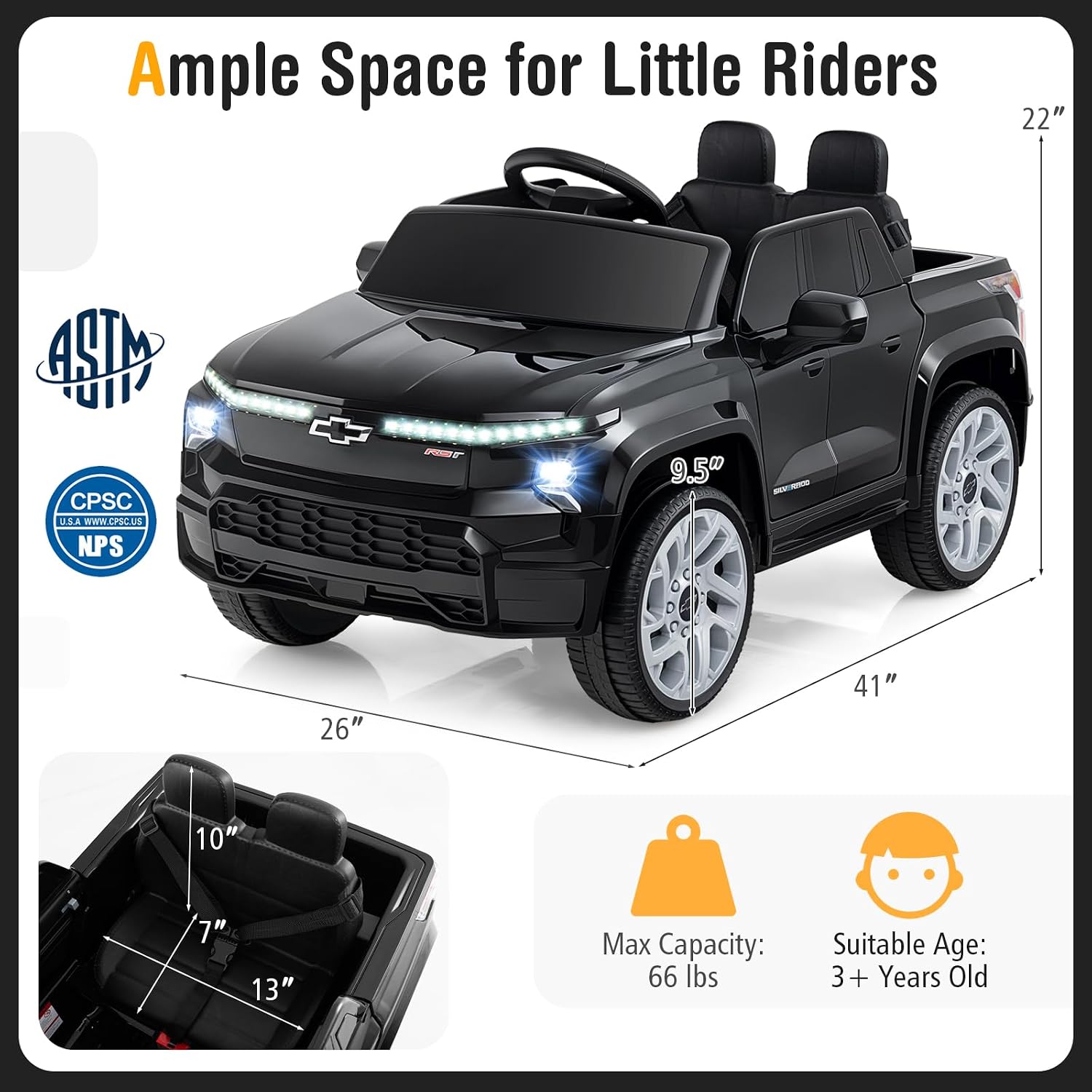 Costzon Ride on Car, 12V Licensed Chevrolet Truck, Kids' Electric Vehicles with Remote Control, Rear Storage, Music, USB, Lights & Spring Suspension, Kids Car Toy for Aged 3+ (Truck, Black) - Image 7
