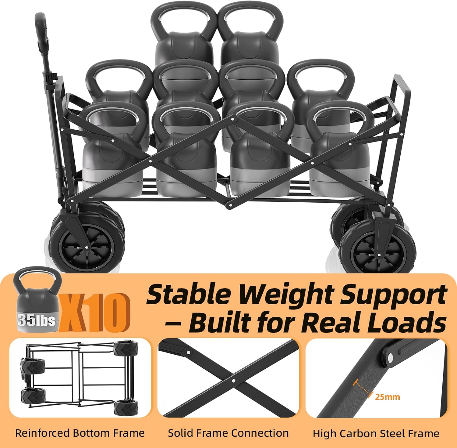 EchoSmile Heavy Duty 350 Lbs Capacity Collapsible Wagon, Outdoor Folding Camping Grocery Portable Utility Cart, Adjustable Rolling Carts, All Terrain Beach Wagon with Big Wheels (Black&Orange-Arrow) - Image 3