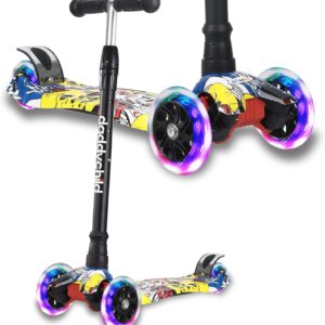 Scooters for Kids 3 Wheel Kick Scooter for Toddlers Girls & Boys, 4 Adjustable Height, Lean to Steer, Extra-Wide Deck, Light Up Wheels for Children from 3 to 14 Years Old