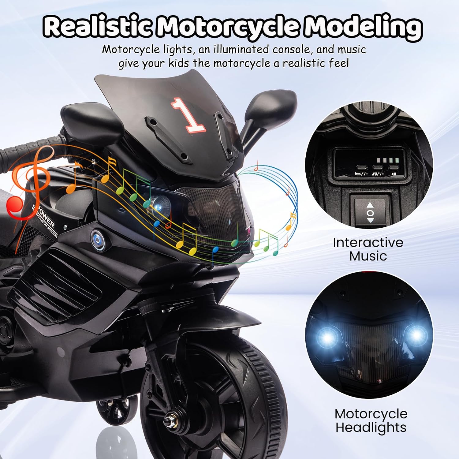 Kids Ride On Motorcycle, 6V Battery Powered Electric Motorcycle, w/Treaded Tires, Horn, Working Headlight, Music, Training Wheels, Stable Ride On Toys for Kids Toddler Boys Girls 3-6, Black - Image 5