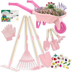 Qtioucp Kids Gardening Set with Wheelbarrow, Real Metal Garden Tools for Kids Ages 3-8, 4 Long Handle Tools, 3 Hand Tool, Gloves, 5 Stickers, Handbook, Outdoor Backyard Toys for Toddler Gift