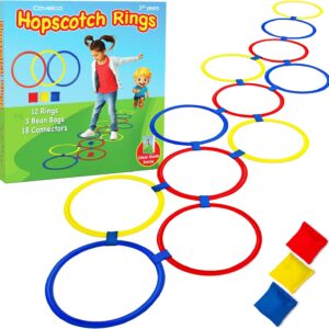 Hopscotch Rings, 12 x 11 Inch Rings & 3 Bean Bags, Play Hopscotch Outdoor & Indoor Obstacle Course for Kids 3-5, Recess Toys & Physical Education Equipment, Gross Motor Games PE Equipment