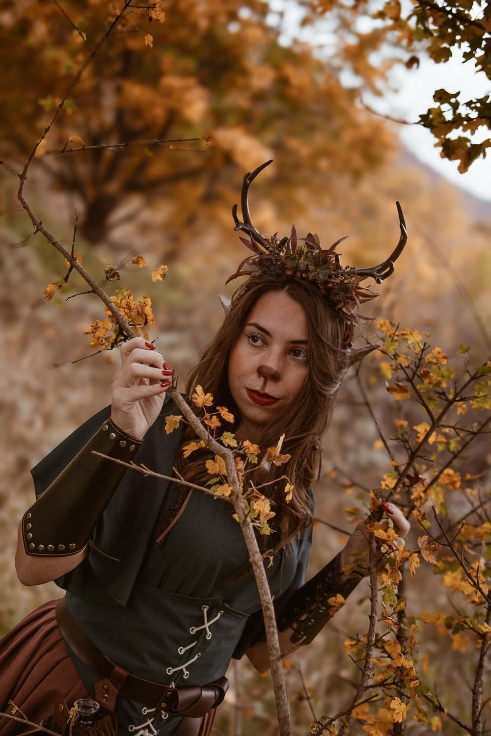 MOSTORY Flower Reindeer Headband for Women - Floral Antler Headpiece Woodland Deer Horns Hairband for Renaissance Cosplay - Image 5