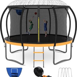 Kiivakii Trampoline 12 14 16FT, Outdoor Big Trampolines for Kids and Adults, Recreational Trampolines with Basketball Hoop and Stakes, Big Round Trampoline with Sprinkler for Backyard