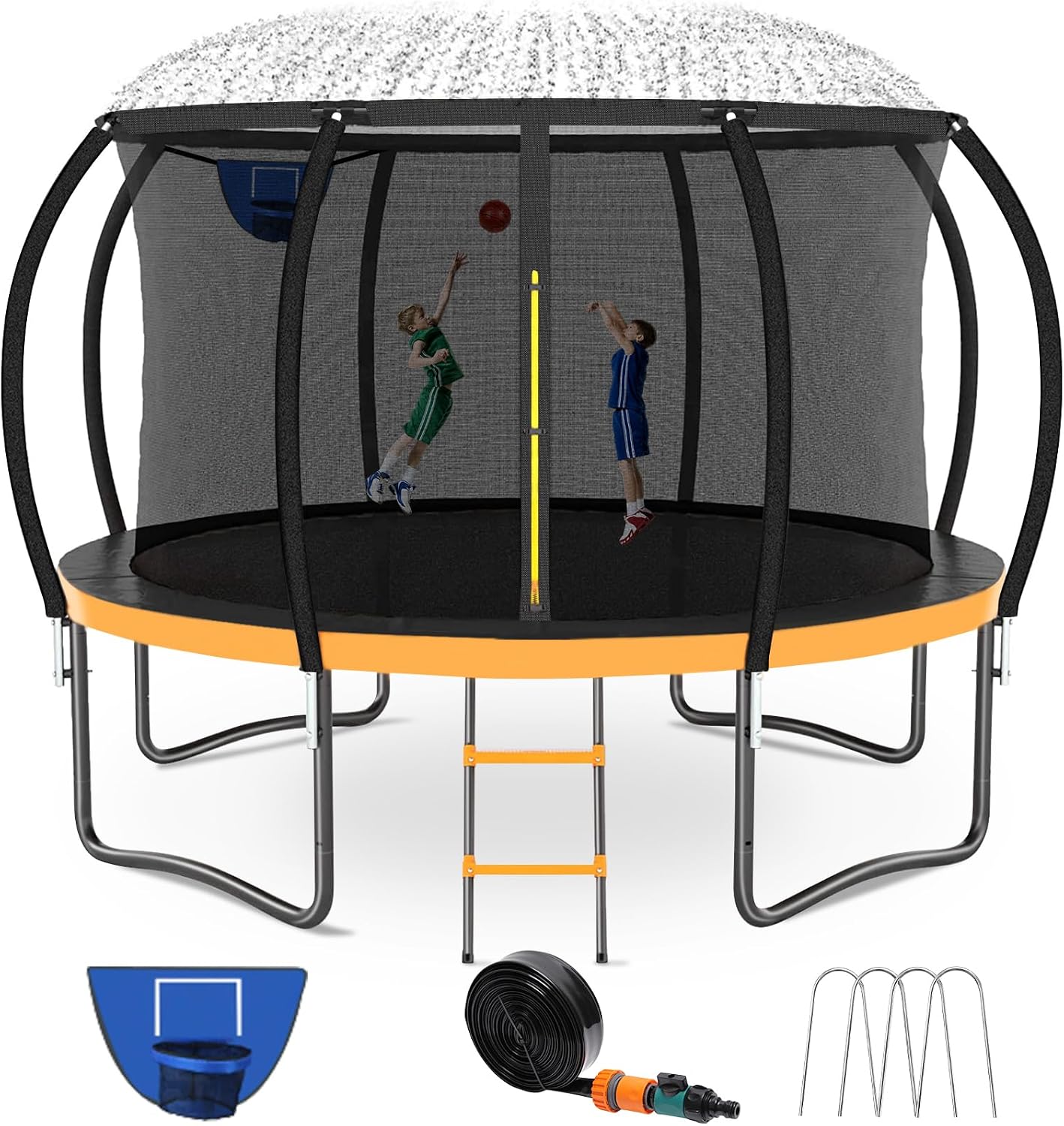 Kiivakii Trampoline 12 14 16FT, Outdoor Big Trampolines for Kids and Adults, Recreational Trampolines with Basketball Hoop and Stakes, Big Round Trampoline with Sprinkler for Backyard