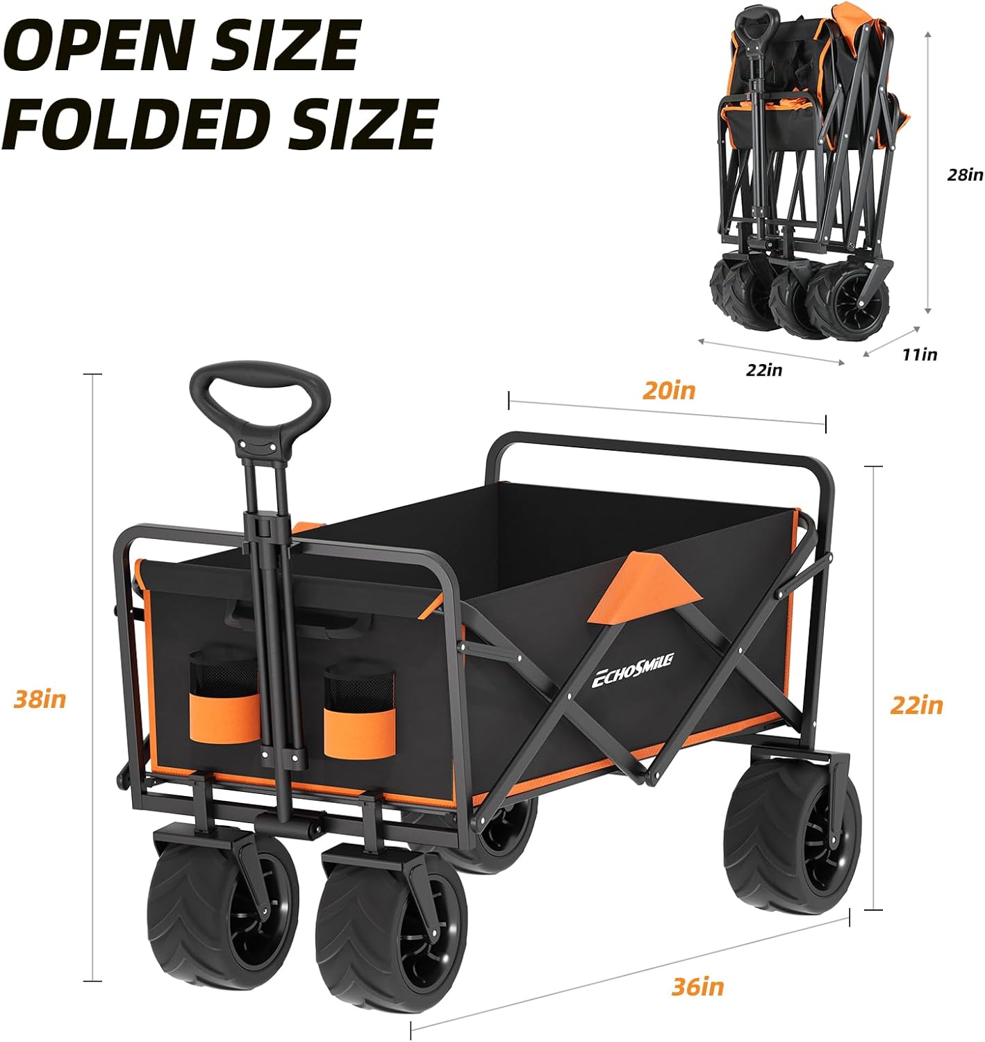 EchoSmile Heavy Duty 350 Lbs Capacity Collapsible Wagon, Outdoor Folding Camping Grocery Portable Utility Cart, Adjustable Rolling Carts, All Terrain Beach Wagon with Big Wheels (Black&Orange-Arrow) - Image 2