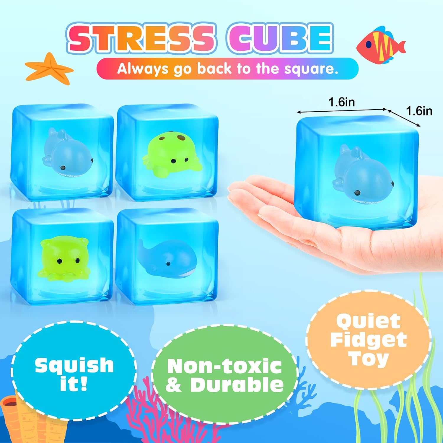 VISCOO 4 Pack Stress Cube -Glow in The Dark Sea Animal Inside Squishy Toys, Cube Squishy Stress Balls for Anxiety Relief, Squeeze Toys for Kids Adults,Fidget Gummy Toys for Party Favors - Image 3