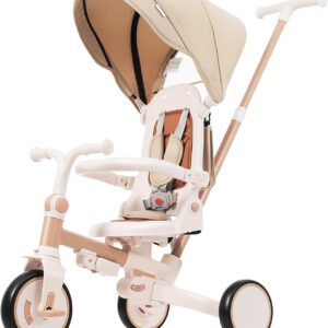 Baby Tricycle, 7-in-1 Foldable Kids Trike with Adjustable Parent Handle, Removable Canopy, Pedals & Guardrail, Kids Push Bike Stroller for 12-72 Months for Boys & Girls (Light Brown)