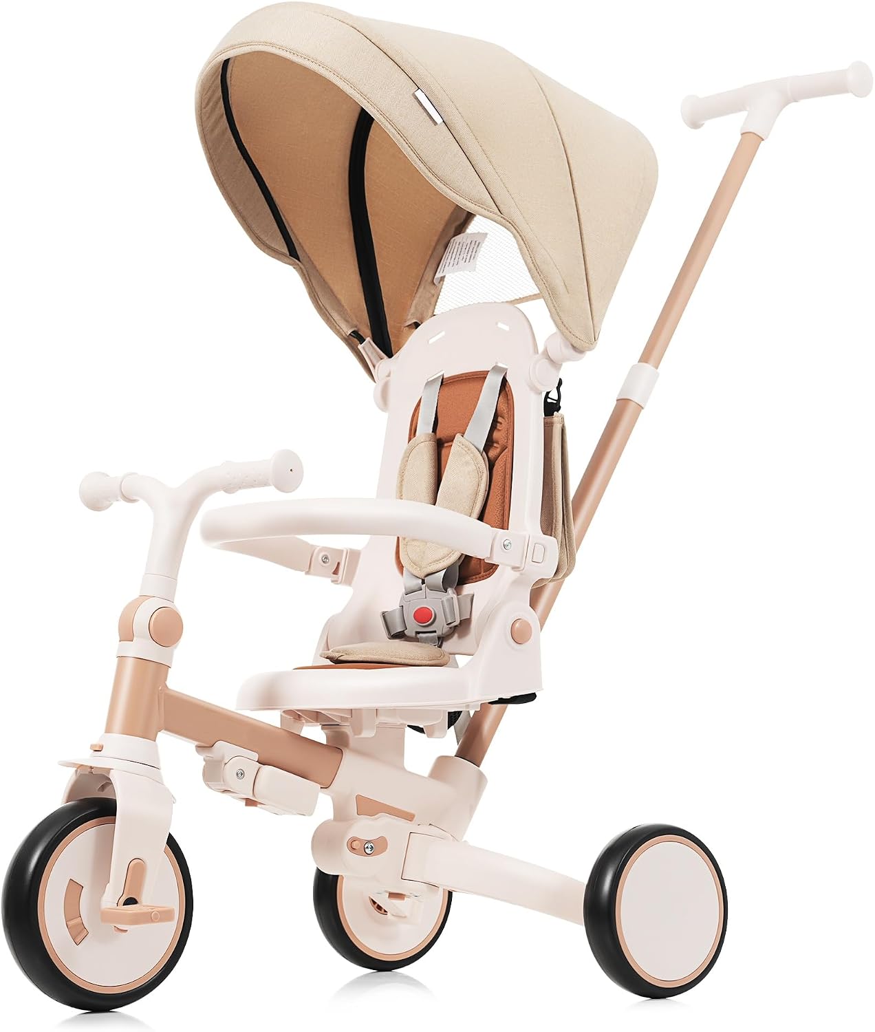 Baby Tricycle, 7-in-1 Foldable Kids Trike with Adjustable Parent Handle, Removable Canopy, Pedals & Guardrail, Kids Push Bike Stroller for 12-72 Months for Boys & Girls (Light Brown)