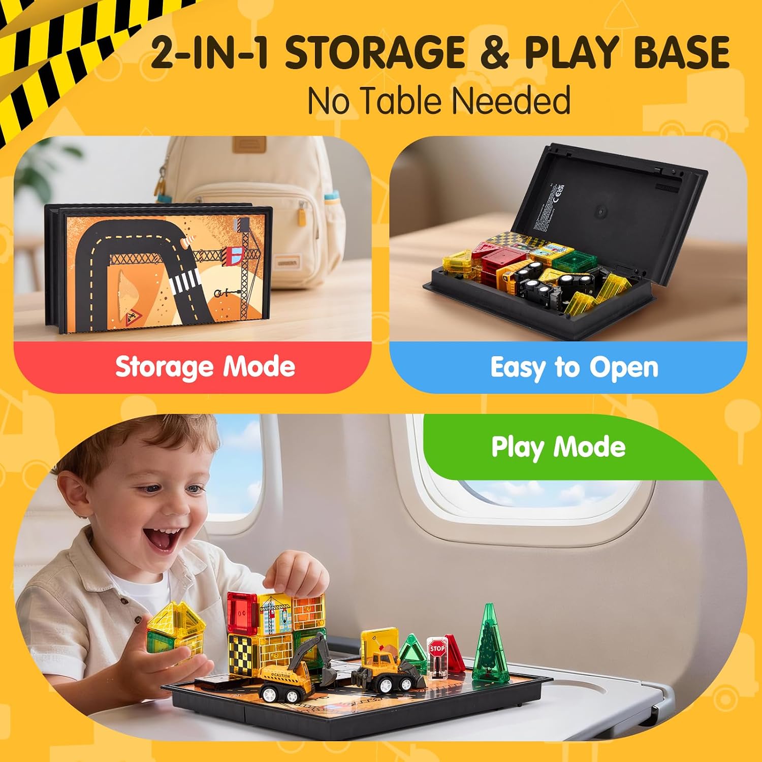 hahaland Mini Magnetic Tiles Travel Road Construction Toys Magnetic Building Blocks with Engineering Vehicles Trucks Case 2-in-1 Road-Themed Box Montessori Birthday for 3-6 Year Old Toddler - Image 4