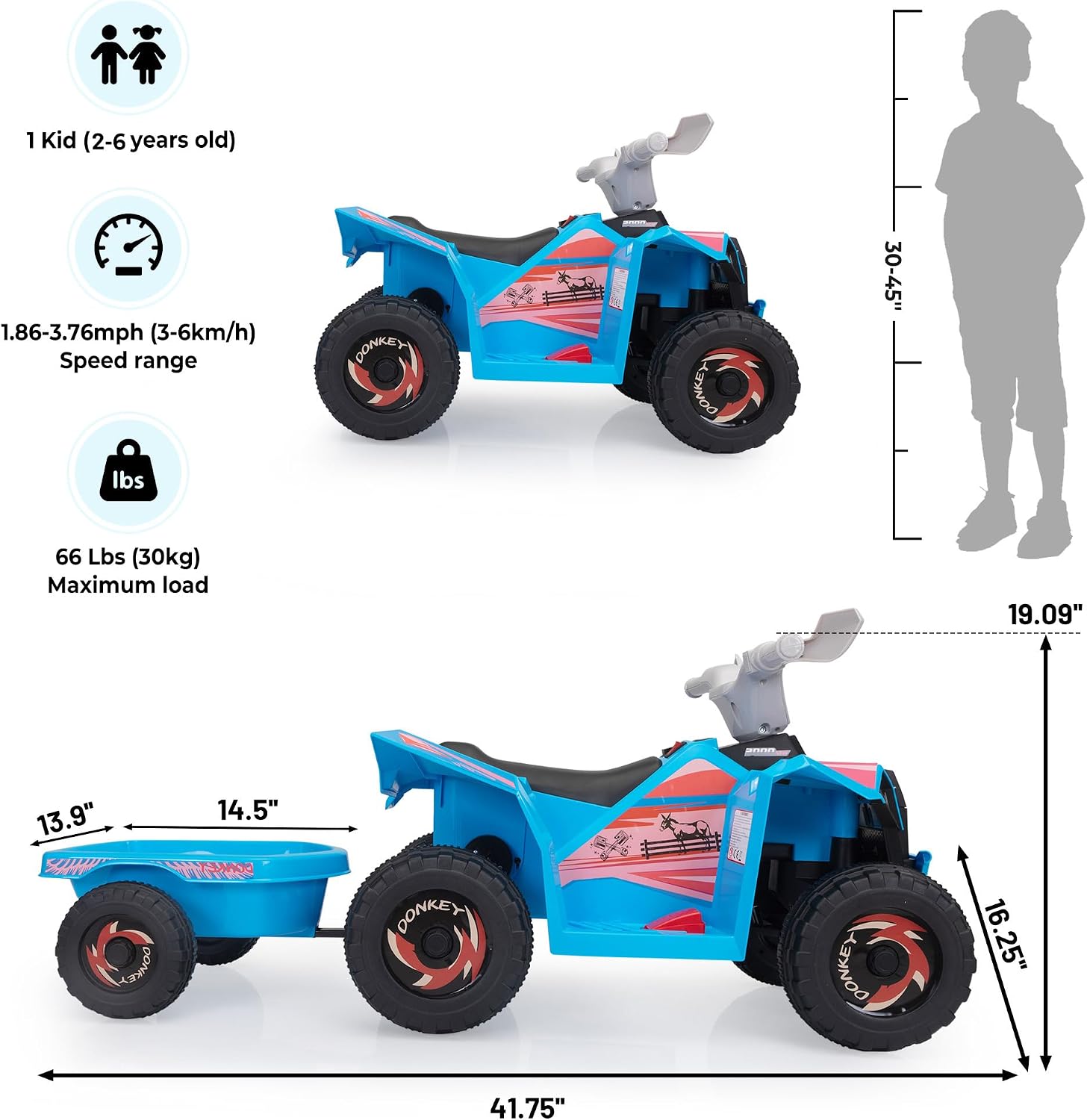 TOBBI 6V Electric Kids Ride On Toy Car with Trailer, Toddler 4 Wheeler Powered Vehicle, ATV to Drive with Music/Battery Volume Display for Children Age 2-6-Blue - Image 6