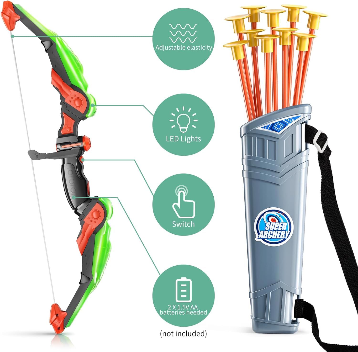TEMI Bow and Arrow Set for Kids - Archery Toy Set - LED Light Up with Suction Cup Arrows, Target & Quiver, Indoor and Outdoor Toys for Children Boys Girls - Image 4