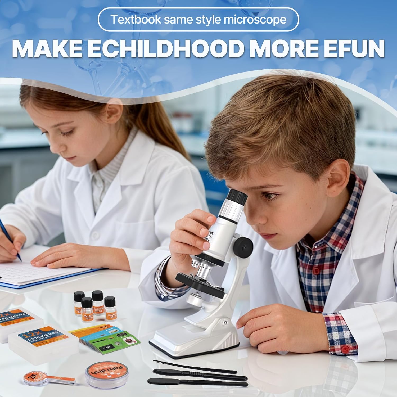 61 Piece Kids Microscope Kit - 100X-1200X with LED Light, Science Kit with Blank and Prepared Slides, Phone Holder, Carrying Box, STEM Project Toy, Educational Gift for Children Ages 6-12 - Image 3