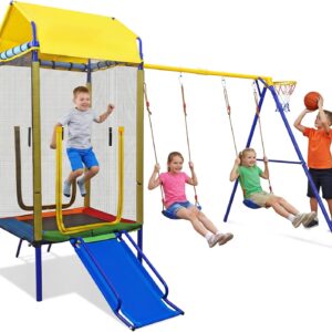 Costzon 5-in-1 Kids Swing Set with Trampoline, Roof, Heavy-Duty A-Frame Metal Outdoor Swing Sets for Backyard, 2 Belt Swings, Slide, Ladder, Basketball Hoop, Playground Toys for Children Aged 8+
