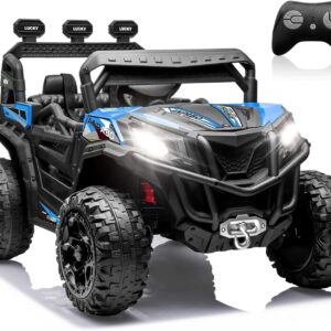 ANPABO 24 Volt Ride on Toys for Boys w/Remote Control, 4X75W Motors, Max 4.5MPH, 4WD/2WD Switchable, 4 Shock Absorbers, 19″ Spacious Seat, Bluetooth, Electric Car for Kids (Blue)