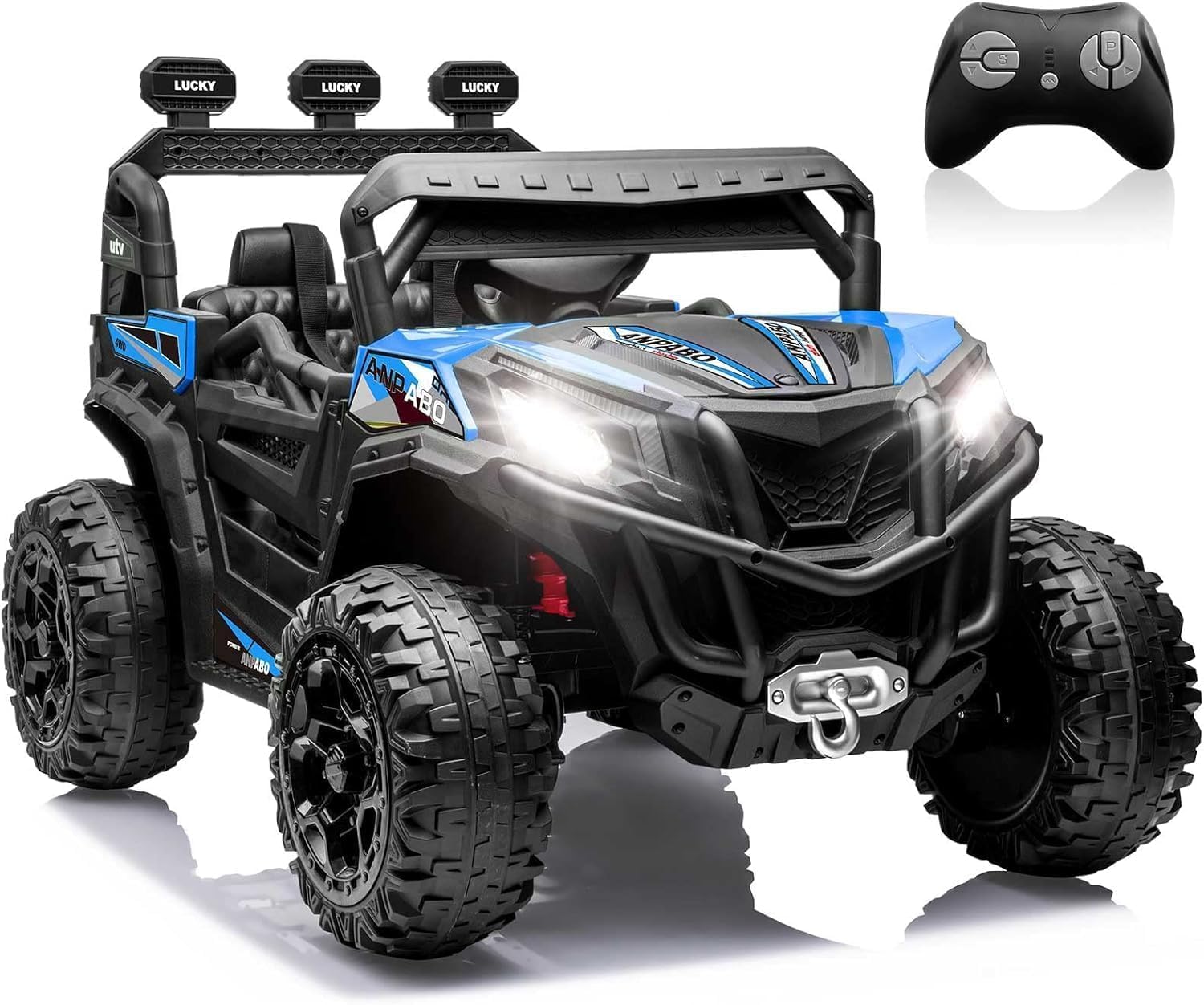 ANPABO 24 Volt Ride on Toys for Boys w/Remote Control, 4X75W Motors, Max 4.5MPH, 4WD/2WD Switchable, 4 Shock Absorbers, 19" Spacious Seat, Bluetooth, Electric Car for Kids (Blue)