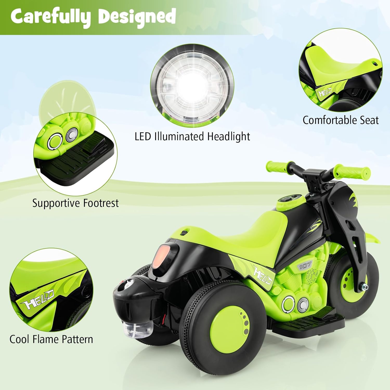Costzon Kids Motorcycle, 6V Battery Powered Ride on Motorcycle with Bubble Maker, Music, LED Headlight, Forward & Backward, 3 Wheels Electric Motorcycle for Kids, Gift for Boys & Girls (Green) - Image 5