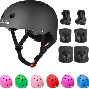 KAMUGO Kids Adjustable Helmet, with Sports Protective Gear Set Knee Elbow Wrist Pads for Toddler Age 2-8 Boys Girls, Bike Skateboard Hoverboard Scooter Rollerblading Helmet Set