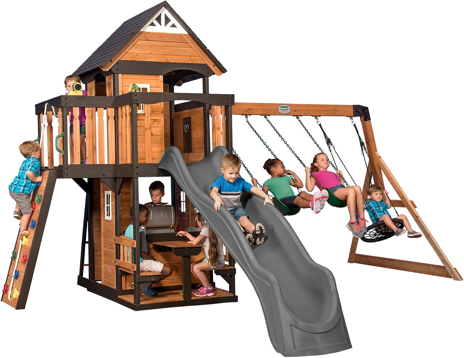 Backyard Discovery Canyon Creek Cedar Wood Swing Set with Wave Slide, Clubhouse, Play Kitchen, Picnic Area, Belt Swings, Web Swing, Rock Wall, Balconies, Playhouse, Step Ladder, Outdoor Playset - Image 2